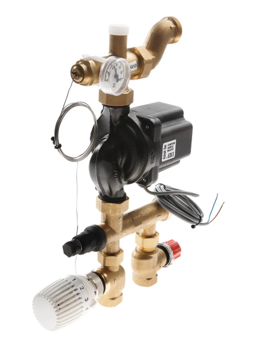TECE Regelungsventil mit Manometer, Elektromotor und Thermostatkopf, ausgestattet mit Anschlüssen für Wasserrohre und einem Vorlauffühler, zur Temperaturregelung.